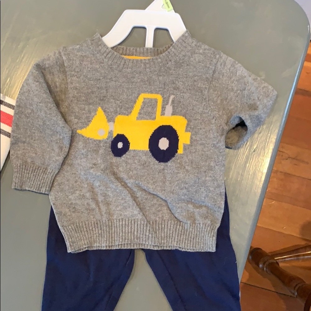 Carters bucket loader sweater with navy blue pants